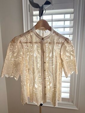 Sheer Embroidered Lace Button-Up Blouse in Cream